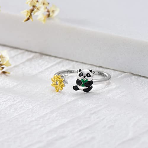 Panda Sunflower Ring 925 Sterling Silver You Are My Sunshine Sunflower Adjustable Open Ring Panda Jewelry Gifts for Women Girls Size 6 7 82