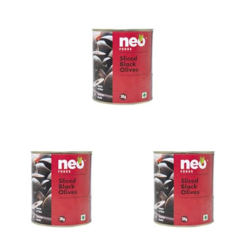 Image of Neo Sliced Black Olive 3kg Tin I Black Olive for Pizza Topping, Pasta, Salads, Nachos, Whole Wheat Sandwich, Burger I Low Fat Ready-To-Eat Healthy Snack, Source of Fibre Nt. Wt. 3 Kg / Net Dr. Wt. 1.56kg