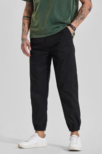 Image of SNITCH Men Track Pants | Relaxed Fit with Elasticated Hem & Drawstring Closure | 100% Polyester Smooth Fabric for Athleisure & Casual Wear