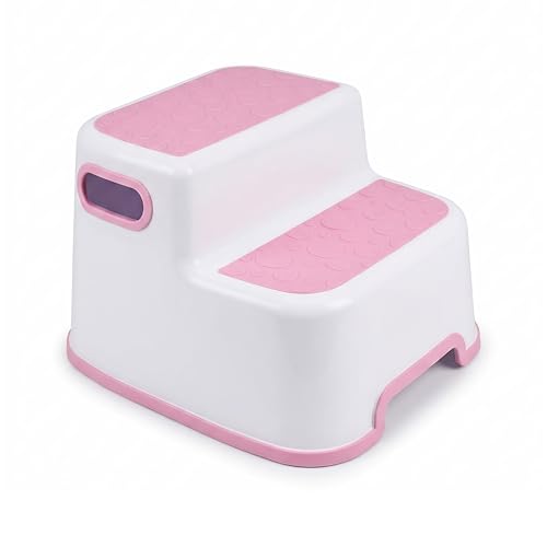 DIVCHI Double Step Stool for Kids Non-Slip Toddler Steps 2-Up Bathroom Stools with Carry Handles For Potty Training Bathroom & Kitchen Use (Pink)