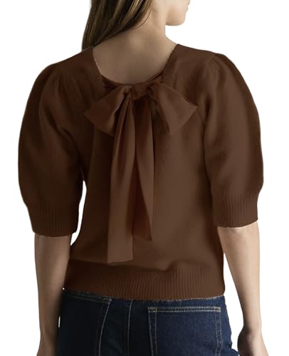 Image of Seyumixi Women Cute Bow Sweater Puff Short Sleeve Crewneck Knitted Shirt Bowknot Tie Back Knit Pullover Tops