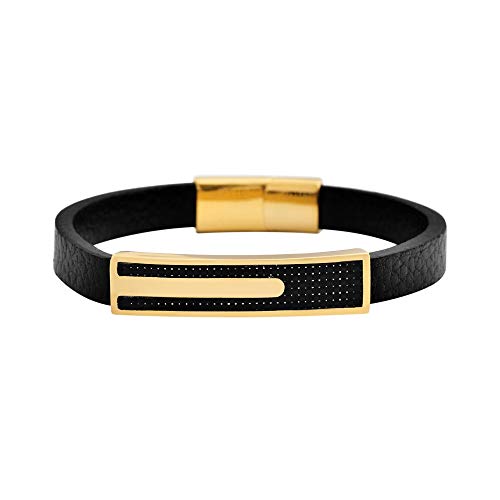 Geoffrey Beene Men s Genuine Leather and Stainless Steel Bracelet with Carbon Fiber ID, Gold