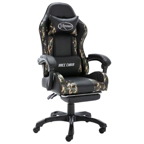 vidaXL Silla Gaming con Reposapiés Giratoria Asiento Sillón Muebles Estudio Escritorio Videojuegos Oficina Ordenador Cuero Sintético Negro y Camuflaje
