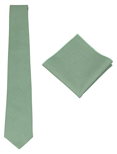Mens Solid Linen Tie Set : Slim Necktie with Matching Pocket Square (Dark Mint Green)