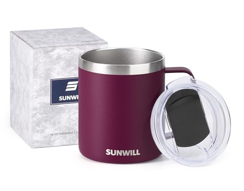 Image of SUNWILL Travel Coffee Mug with Lid, Insulated Tumbler with Handle, 14 oz Stainless Steel Cup for Camping, Office, Home, Powder Coated Plum