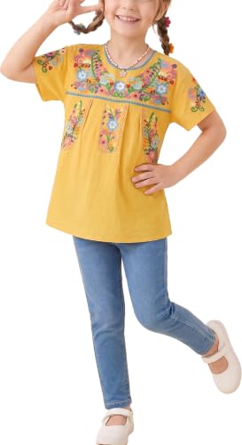 Image of YZXDORWJ Mexican Blouse for Girls Traditional Embroidered Summer Short Sleeve Peasant Blouse for Kids
