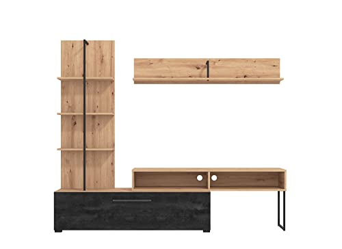 AVANTI TRENDSTORE Evo - Moderna parete da soggiorno in legno laminato in stile quercia Artisan/nero, perfetta per ogni salotto. Dimensioni: LAP 205,5x173x41,5 cm