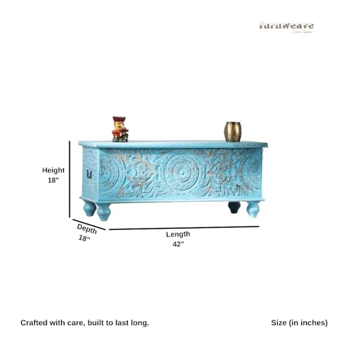 Image of Natura Solid Wood Coffee Table for Living Room Wooden Trunk Box for Storage | Handcrafted Center Table for Living Room with Sandook Storage | Pitara for Home and Bedroom (Blue Distress)