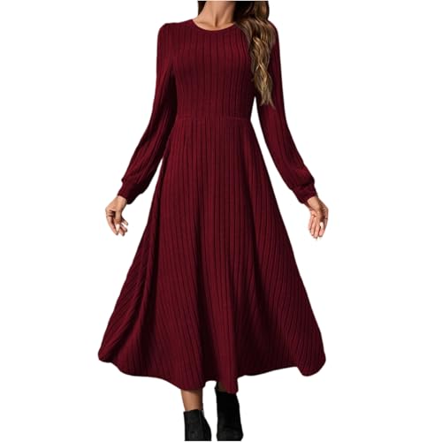Strickkleid Damen Lang Herbstkleid Langarm Tunika Kleid Elegant A Linie Rundhals Herbst Kleider Lockeres Winterkleid Plissee Pulloverkleid Wine M