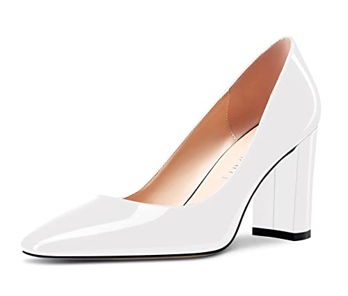 NobleOnly Femmes Haut High Bloc Chunky Talon Heel Carré Fermé Bout Slip-on Escarpins Classique Cute Dress Chaussures Blanc Vernis 35 EU Cover