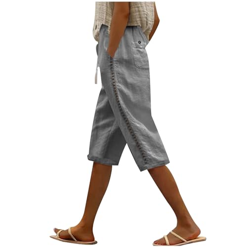 Capri Pants Women Knee Length Summer Beach Linen Bermuda Shorts Drawstring Elastic Waisted Casual Shorts with Pockets