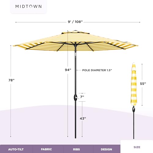 Image of Midtown Umbrellas Lean - 9 Ft Patio Umbrella, White & Yellow Stripes Canopy