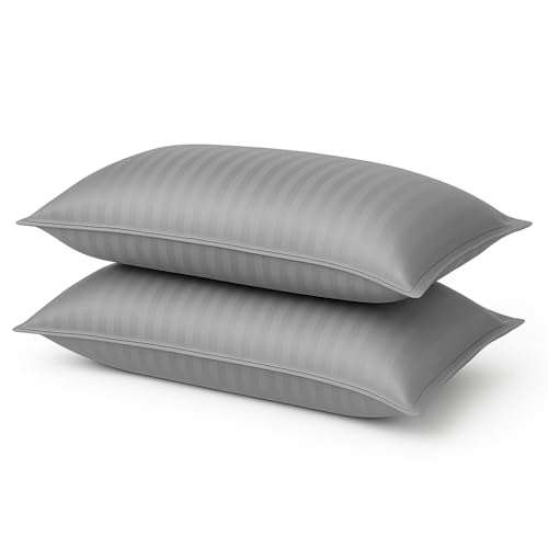 Image of Cotton Solid Striped Pillow Covers | Ultrasoft Breathable Envelope Closure| Pack of 2 Pillow Covers Standard Size (Wine, 27 x 17 Inches) (Grey)