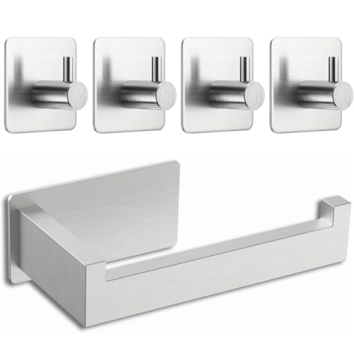 Portarotolo di carta igienica senza foratura, autoadesivo, in acciaio inox con 4 ganci per asciugamani, porta carta igienica per bagno e cucina (argento)