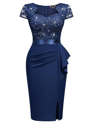 Image of Miusol Women's Elegant Square Neck Glitter Sequin Lace Cocktail Dress | Sparkly sequin lace, bodycon fit, chic ruffle, women dress perfect for wedding guest, cocktail and semi formal events