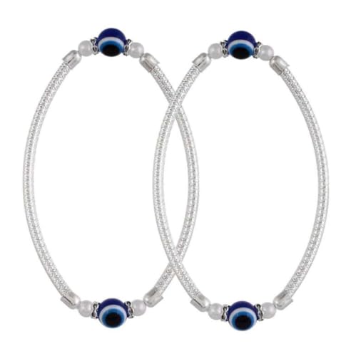 Image of (1 Pair) Silver Kada Style Elasticated Adjustable Alloy Pearl Beads /Stone Evil Eye Nazariya Foot /Leg Payal /Pajeb Anklets For Women's And Girl's