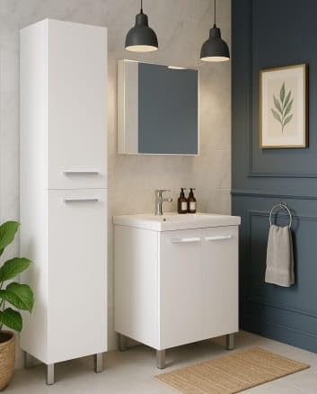 .Deftrans Szafka pod umywalkę z ceramiczną umywalką i chromowaną armaturą – 80 x 60 cm, biała, wysoki połysk, z ociekaczem, system Soft-Close, odpływ Click-Clack i syfon