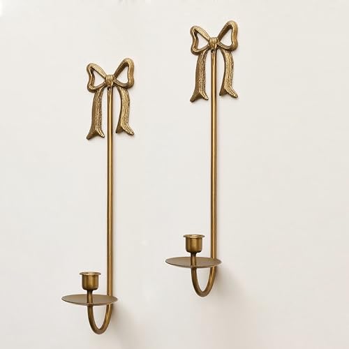 Remenna Metal Wall Candle Sconce Holders, Set of 2, Gold, Modern Bow Design, Wall Mount Taper Candle Holders for Living Room, Farmhouse, Wedding Decor