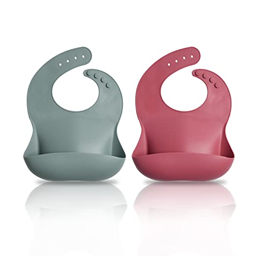 Image of Tenmon Silicone Baby Bib,Suitable for Baby Bibs for Girls and Boys, Adjustable Waterproof Bibs, Baby Bibs,2PCS (Dusty Rose/Gray Blue)