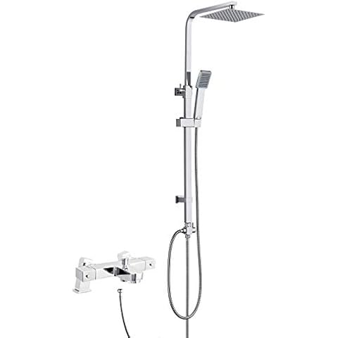 Thermostatic Modern Bath Shower Mixer Tap with Square 3 Way Rigid Riser Kit Chrome Cover