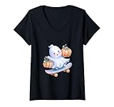 Photo Gallery donna skater ghost funny halloween cool art skateboarding maglietta con collo a v Photo Gallery donna skater ghost funny halloween cool art skateboarding maglietta con collo a v