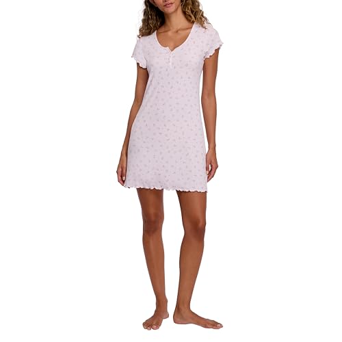 Laura Ashley Women's Nightgown Ribbed Knit Short Sleeve Henley Sleepshirt