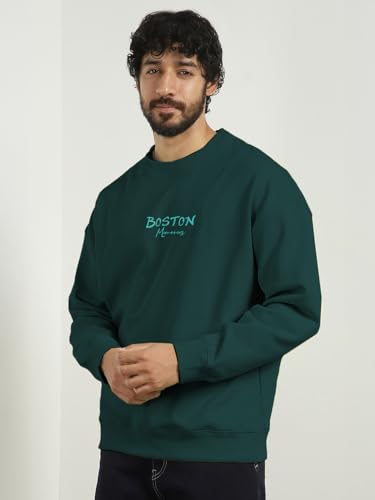 Image of Nobero Men's Graphic Printed Oversized Sweatshirt | Cotton Rich Fleece Round Neck Pullover | Relaxed Fit Casual Winter Wear for Men