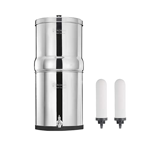 2.25 Gallon Stainless Steel Gravity-Fed Water Filter System with 2 White Ceramics Purification Washable Filter, Portable Countertop Filter System for Home and Outdoor Camping Use