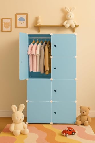 Image of Sunderlook Plastic Wardrobe for Kids Clothes - Professional Collapsible Wardrobe, Easy to Use Foldable Almirah, Plastic Cupboard for Kids for Home (Blue-Z3, 8 Door)