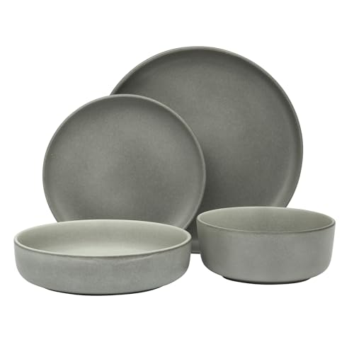 Gibson Soho Lounge Pasco 16 Piece (Service for 4) Plates and Bowls Double Bowl Reactive Glaze Dishes Stoneware Ceramic Dinnerware Set - Grey