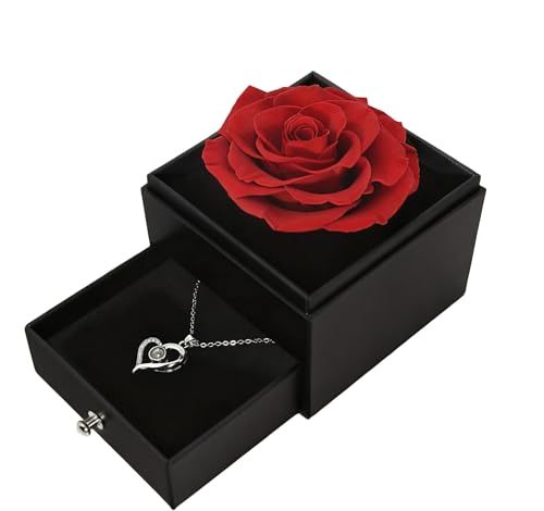 ​​Caixa de Joias com Rosa Preservada Real, Inclui Colar, Presentes Românticos para Dia das Mães, Aniversário e Dia dos Namorados, Ideal para Namorada, Mãe, Esposa
