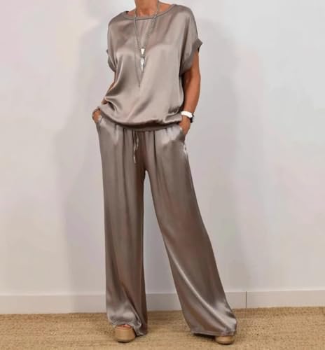 Women's Spring Casual Solid Color Satin 2 Piece Suit, Women's Satin Two Piece Suit, Short-Sleeved Top Wide-Leg Pants3