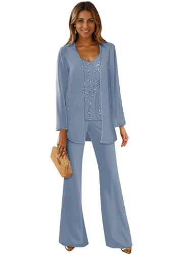 IGQ Dusty Blue 3 Pieces Pant Suits for Women Casual Mother of The Groom Dresses Petite Sequin Evening Gown Size 14