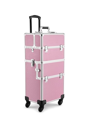 FigaroAct Professional Rolling Makeup Train Case, 3-in-1 Cosmetology Case on Wheels Cosmetic Organizer with Lock MakeupTravel Case