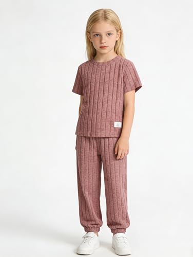 Image of Girls 6 Pieces Knit Outfits Short Sleeve Tee Tops and Pants Clothing Set 4-12Y