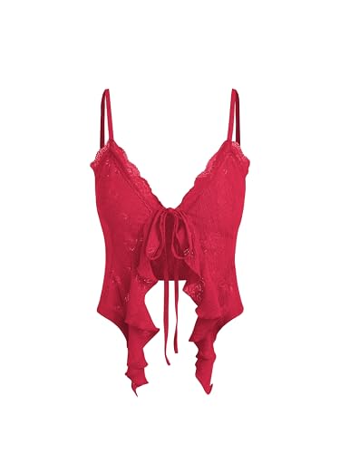 CIDER Going Out Tops for Women Y2K Tie Front Asymmetrical Ruffle Hem Lace Spaghetti Strap Cowgirl Crop Tops Red
