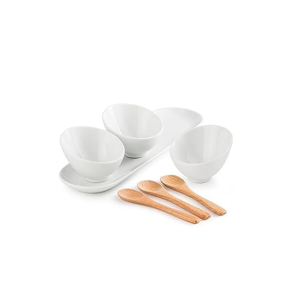 Cormomu Chip & Dip Serving Set with Serving Tray and Wooden Spoon, 4 Inch Slant Porcelain Serving Bowls for Snacks, Salsa, Appetizer, Jams,Serving Trays for Entertaining