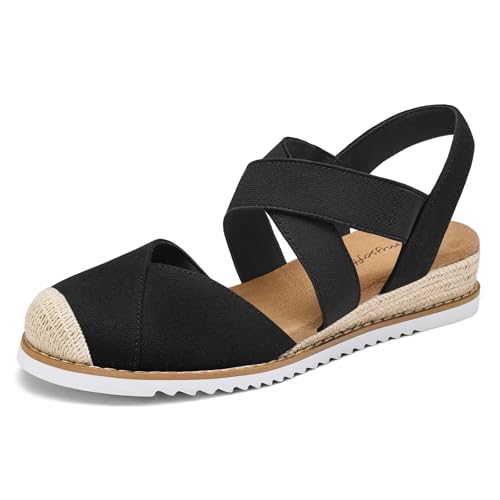 mysoft Womens Wedge Sandals Low Heel Comfortable Closed Toe Espadrilles Slip-on Elastic Ankle Strap Walking Shoes