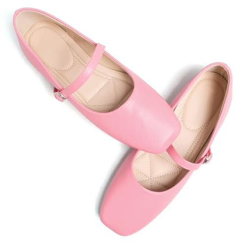 Image of TN TANGNEST Leather Flats for Women Retro Mary Jane Flats | Comfortable Square Toe Slip On Flats with Buckle Strap, Soft Work Flats Office Shoes