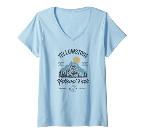 Womens Vintage Retro Yellowstone National Park Hiking V-Neck T-Shirt