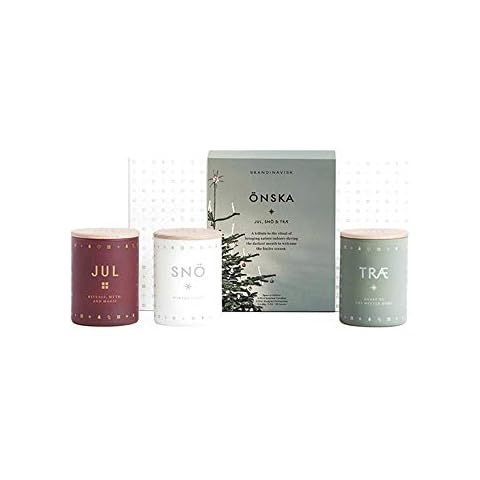 Skandinavisk - ÖNSKA Giftset of 3 Mini Scented Candles. JUL 'Christmas', SNÖ 'Snow', and TRÆ 'Tree'. Vegan Formula. 3 x 60g. Cover