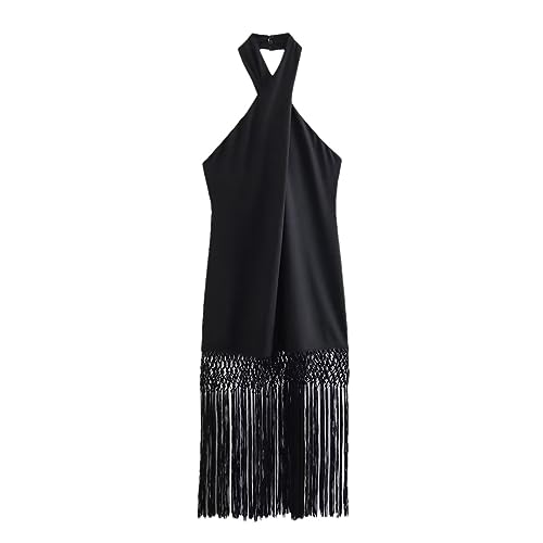 Black Fringe Hem Dress Women's Chic Elegant Halter Neck Midi Dress
