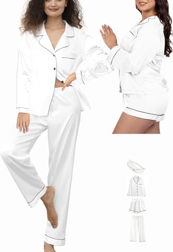 Womens 4Pcs Satin Pajamas Set Silk Pajama Sets Silky Sleepwear Long Pj Set Loungewear Soft Pjs Nightwear XS-XXL3
