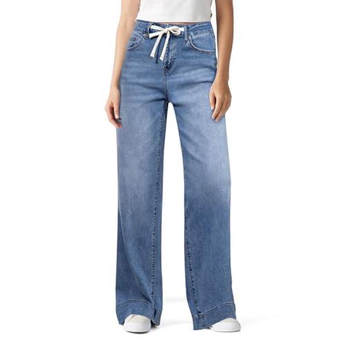 Women's Wide Leg Jeans Trendy High Waisted Stretchy Straight Leg Baggy Jeans Drawstring Denim Pants with Pockets
