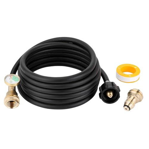 PLUMBINGMASTER 12ft Propane Tank Extension Hose with Gauge Adapter Converts POL 40 lb LP Tank to Male QCC1 / Type1 Fit for RV Gas Grill Heater Fire Pit and Most Propane Appliances