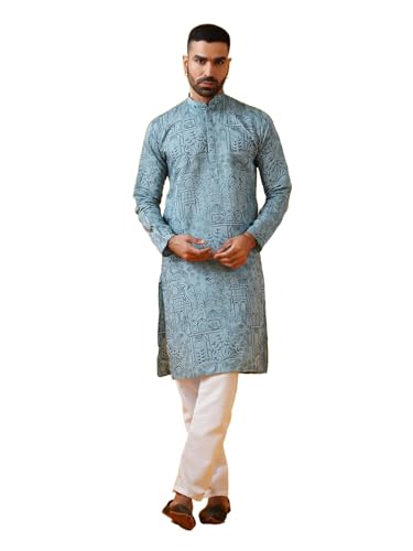Sojanya (Since 1958 Men'S Cotton Silk Kantha Thread Embroidered Kurta With White Pyjama