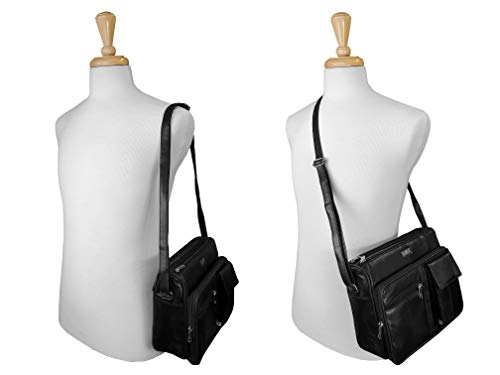Quenchy London Dames echt lederen handtas - cross body schoudertas met 6 zakken - grote telefoonhouder - enkel verstelbaar over borstband - Designer Satchel Side Style - QL189K zwart, Zwart, Medium - Afbeelding 3