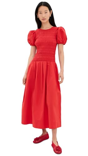 Ganni Women's Smocked Cotton Pleated Dress, Goji Berry, 2
