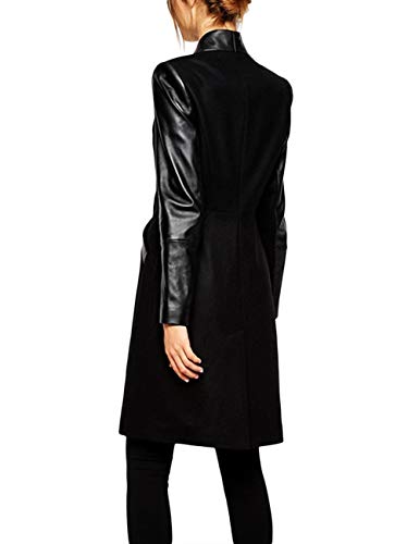 xxxiticat Women's Double Breasted Faux Leather PU Coat Patchwork Splice Lapel Panel Trench Woolen Jacket Cardigan2
