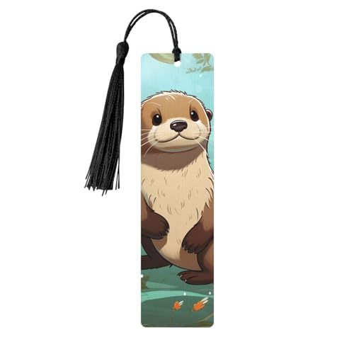 タッセル付き木製しおり ヴィンテージ木製ブックマーク 漫画かわいいカワウソ ファンシー ハンドメイド クラフトブックマーク 読書ページマーカー 木製ハンギングタグ オーナメント 本好き向け